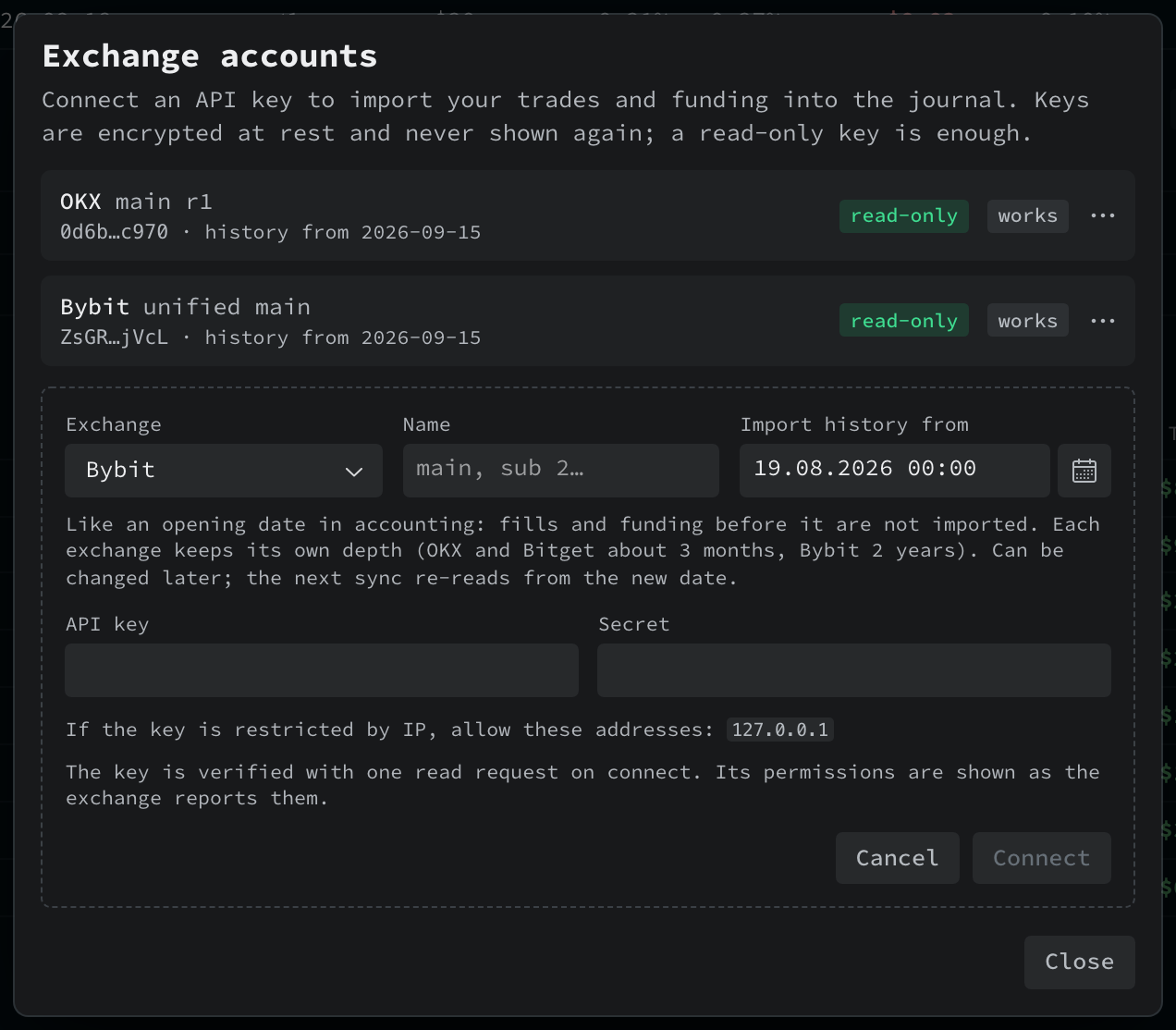 El diálogo de cuentas de exchange: dos claves conectadas y el formulario de conexión