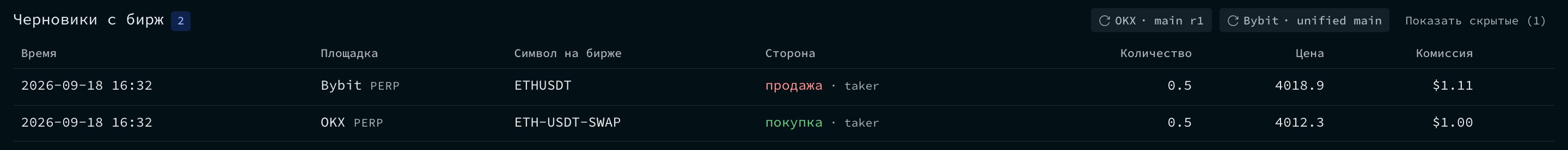 Раздел черновиков с бирж со сделками, ждущими операции